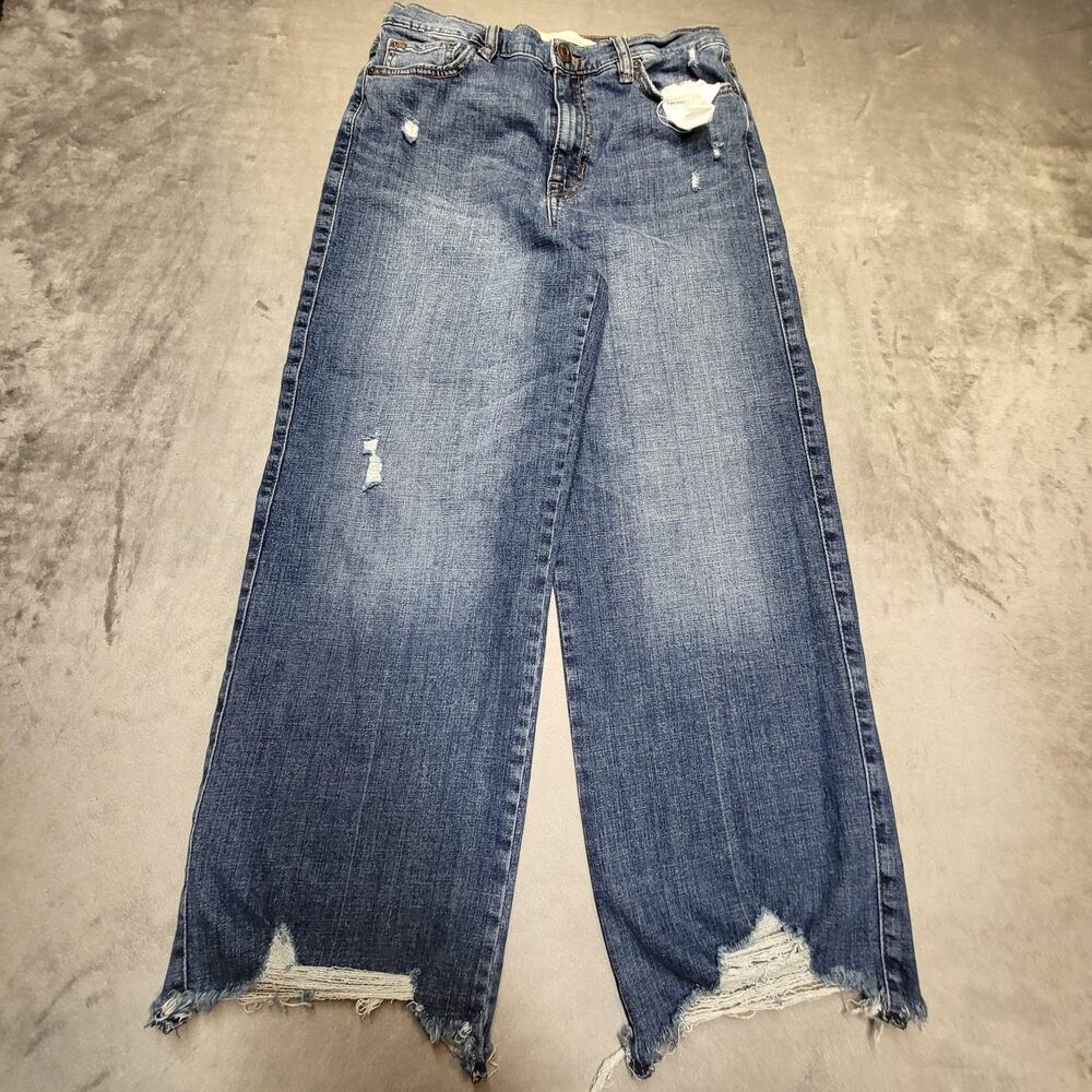 Ella Moss Jeans Juniors 29 Blue Cropped Wide Leg Distressed Fringe Denim